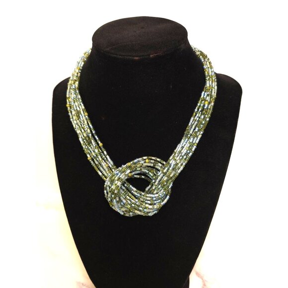 Multicolor Beaded Twisted Knot Necklace With Adjustable Chain Green & Blue Tones - Picture 7 of 7